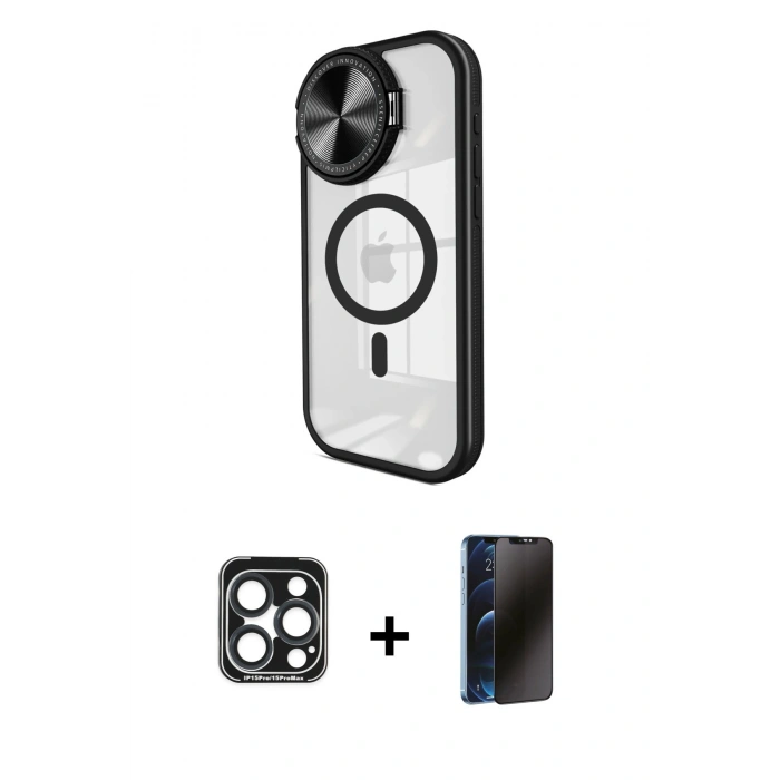 MARSİLYAN™- iPhone 15 Pro Max Kılıf Kıvılcım Modern Koleksiyonu - Siyah 3D Antistatik Hayalet Cam Ekran Koruyucu + PVD Metal Kamera Lens - LT