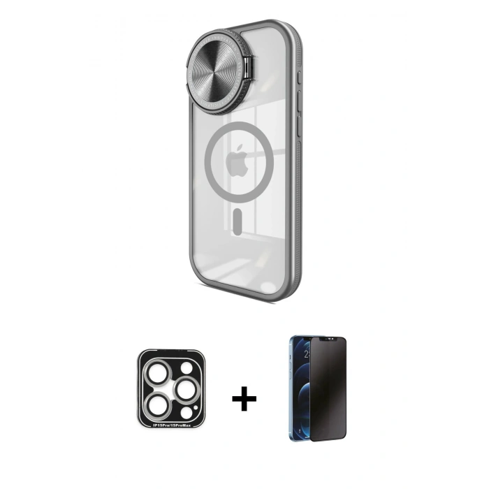 MARSİLYAN™- iPhone 15 Pro Max Kılıf Kıvılcım Modern Koleksiyonu - Siyah 3D Antistatik Hayalet Cam Ekran Koruyucu + PVD Metal Kamera Lens - GS
