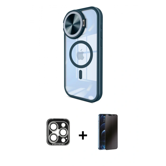 MARSİLYAN™- iPhone 15 Pro Max Kılıf Kıvılcım Modern Koleksiyonu - Siyah 3D Antistatik Hayalet Cam Ekran Koruyucu + PVD Metal Kamera Lens - GS