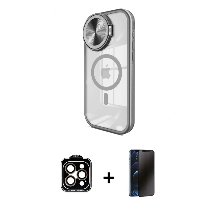 MARSİLYAN™- iPhone 15 Pro Max Kılıf Kıvılcım Modern Koleksiyonu - Siyah 3D Antistatik Hayalet Cam Ekran Koruyucu + PVD Metal Kamera Lens - TU