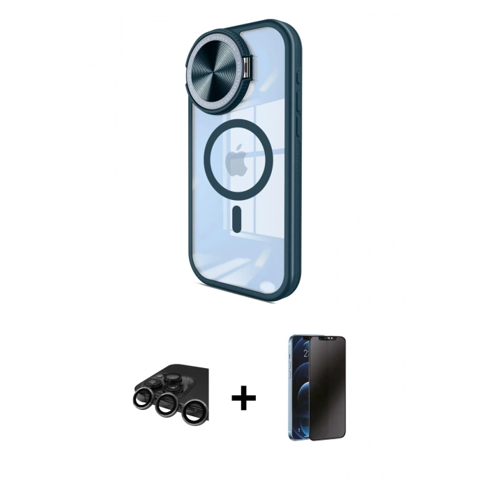 MARSİLYAN™- iPhone 15 Pro Max Kılıf Kıvılcım Modern Koleksiyonu - Siyah 3D Antistatik Hayalet Cam Ekran Koruyucu + Raze Metal Kamera Lens - TMGI