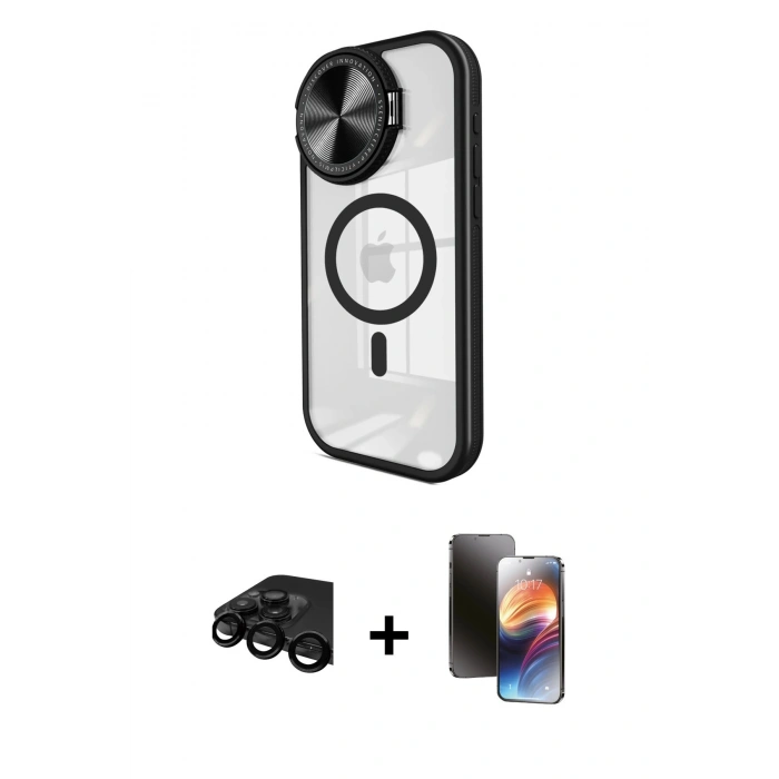 MARSİLYAN™- iPhone 15 Pro Max Kılıf Kıvılcım Modern Koleksiyonu - Siyah 3D Antistatik Mat Seramik Nano Ekran Koruyucu + Raze Metal Kamera Lens - SH
