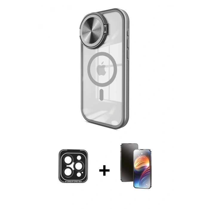 MARSİLYAN™- iPhone 15 Pro Max Kılıf Kıvılcım Modern Koleksiyonu - Siyah 3D Antistatik Mat Seramik Nano Ekran Koruyucu + PVD Metal Kamera Lens - SH