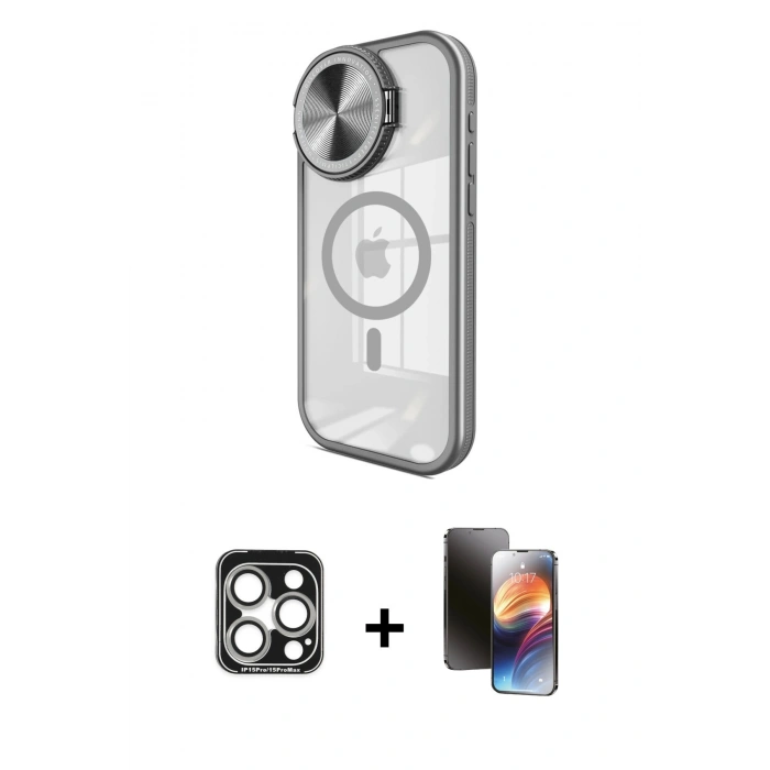MARSİLYAN™- iPhone 15 Pro Max Kılıf Kıvılcım Modern Koleksiyonu - Siyah 3D Antistatik Mat Seramik Nano Ekran Koruyucu + Gümüş PVD Metal Kamera Lens