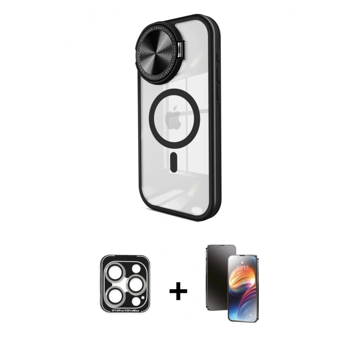 MARSİLYAN™- iPhone 15 Pro Max Kılıf Kıvılcım Modern Koleksiyonu - Siyah 3D Antistatik Mat Seramik Nano Ekran Koruyucu + Gümüş PVD Metal Kamera Lens