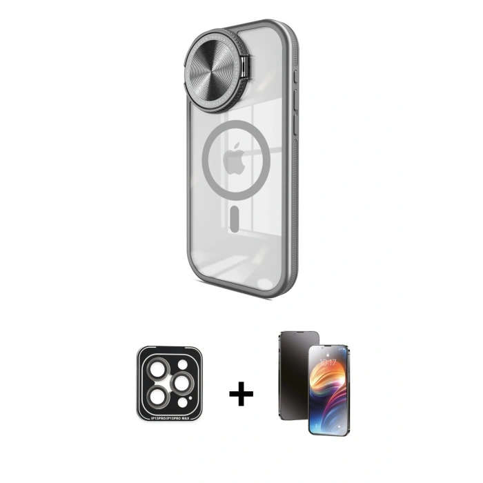 MARSİLYAN™- iPhone 15 Pro Max Kılıf Kıvılcım Modern Koleksiyonu - Siyah 3D Antistatik Mat Seramik Nano Ekran Koruyucu + PVD Metal Kamera Lens - GI