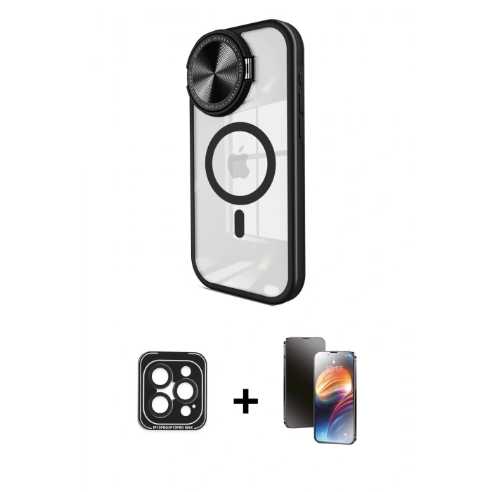 MARSİLYAN™- iPhone 15 Pro Max Kılıf Kıvılcım Modern Koleksiyonu - Siyah 3D Antistatik Mat Seramik Nano Ekran Koruyucu + PVD Metal Kamera Lens - SH
