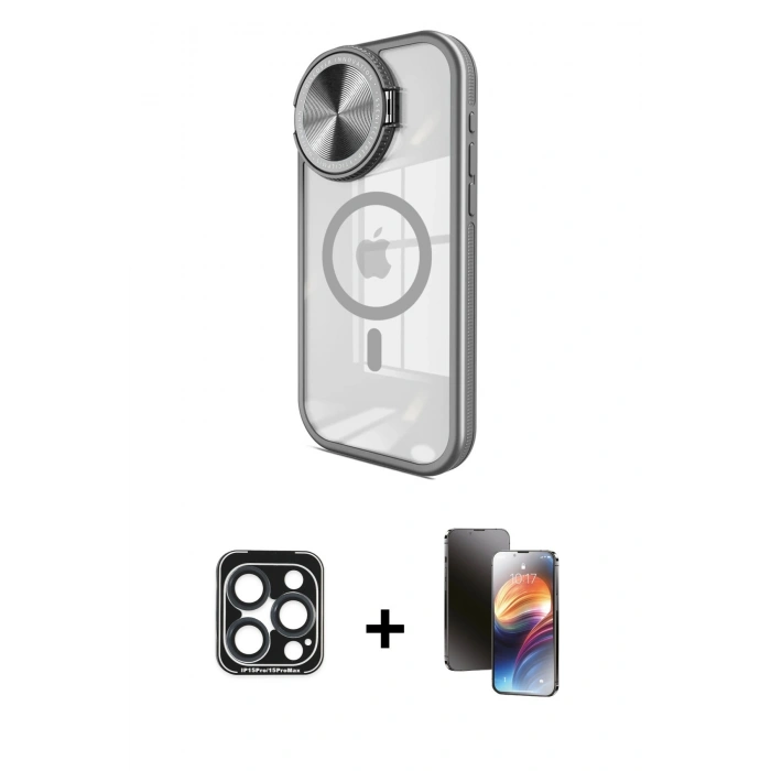 MARSİLYAN™- iPhone 15 Pro Max Kılıf Kıvılcım Modern Koleksiyonu - Siyah 3D Antistatik Mat Seramik Nano Ekran Koruyucu + PVD Metal Kamera Lens - LT