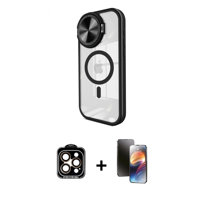 MARSİLYAN™- iPhone 15 Pro Max Kılıf Kıvılcım Modern Koleksiyonu - Siyah 3D Antistatik Mat Seramik Nano Ekran Koruyucu + PVD Metal Kamera Lens - TU
