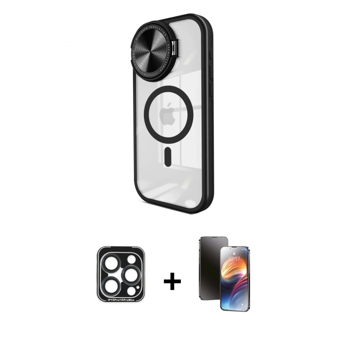 MARSİLYAN™- iPhone 15 Pro Max Kılıf Kıvılcım Modern Koleksiyonu - Siyah 3D Antistatik Mat Seramik Nano Ekran Koruyucu + PVD Metal Kamera Lens - LT
