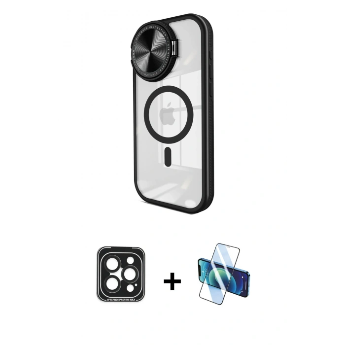 MARSİLYAN™- iPhone 15 Pro Max Kılıf Kıvılcım Modern Koleksiyonu - Siyah 3D Antistatik Seramik Nano Ekran Koruyucu + PVD Metal Kamera Lens - SH