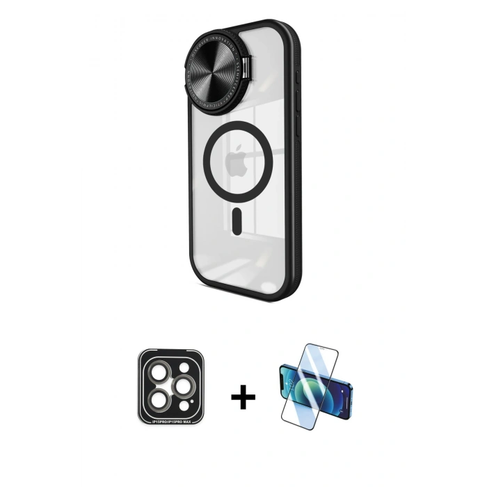 MARSİLYAN™- iPhone 15 Pro Max Kılıf Kıvılcım Modern Koleksiyonu - Siyah 3D Antistatik Seramik Nano Ekran Koruyucu + PVD Metal Kamera Lens - GI