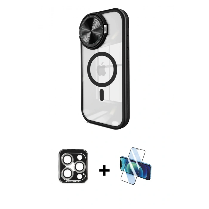 MARSİLYAN™- iPhone 15 Pro Max Kılıf Kıvılcım Modern Koleksiyonu - Siyah 3D Antistatik Seramik Nano Ekran Koruyucu + PVD Metal Kamera Lens - GS