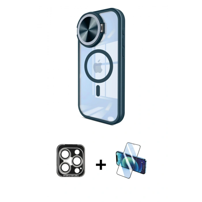 MARSİLYAN™- iPhone 15 Pro Max Kılıf Kıvılcım Modern Koleksiyonu - Siyah 3D Antistatik Seramik Nano Ekran Koruyucu + PVD Metal Kamera Lens - GS