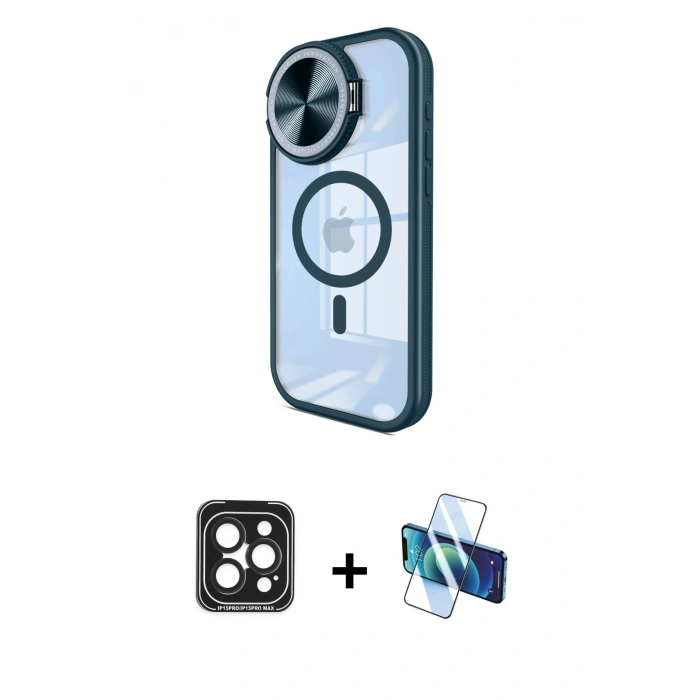 MARSİLYAN™- iPhone 15 Pro Max Kılıf Kıvılcım Modern Koleksiyonu - Siyah 3D Antistatik Seramik Nano Ekran Koruyucu + PVD Metal Kamera Lens - SH