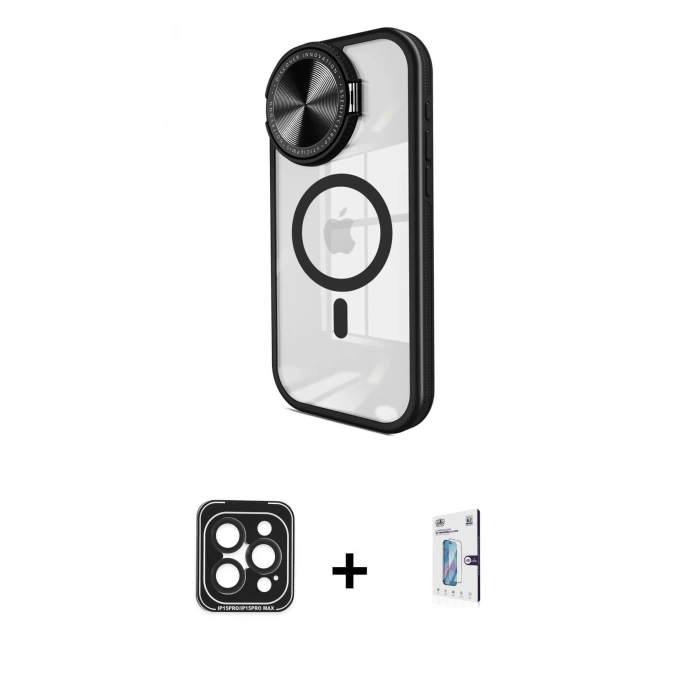 MARSİLYAN™- iPhone 15 Pro Max Kılıf Kıvılcım Modern Koleksiyonu - Siyah Bilvis 0.18mm Plus Cam Ekran Koruyucu + Siyah PVD Metal Kamera Lens