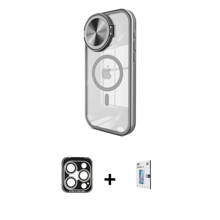MARSİLYAN™- iPhone 15 Pro Max Kılıf Kıvılcım Modern Koleksiyonu - Siyah Bilvis 0.18mm Plus Cam Ekran Koruyucu + PVD Metal Kamera Lens - GS