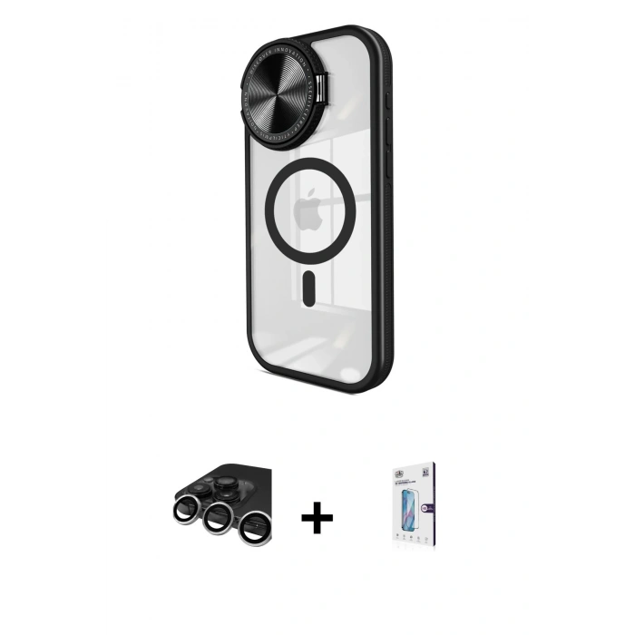MARSİLYAN™- iPhone 15 Pro Max Kılıf Kıvılcım Modern Koleksiyonu - Siyah Bilvis 0.18mm Plus Cam Ekran Koruyucu + Raze Metal Kamera Lens - GS