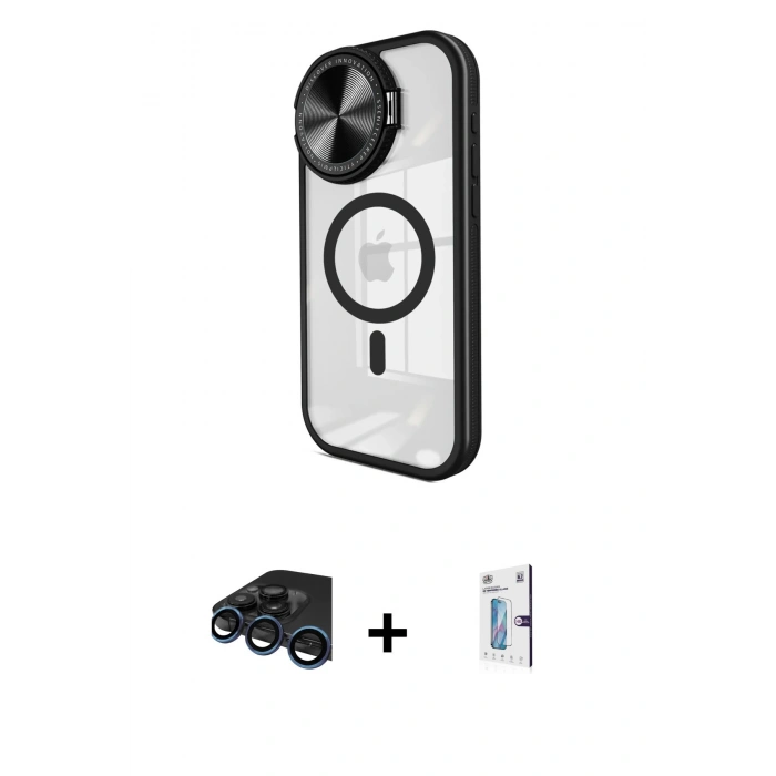 MARSİLYAN™- iPhone 15 Pro Max Kılıf Kıvılcım Modern Koleksiyonu - Siyah Bilvis 0.18mm Plus Cam Ekran Koruyucu + Raze Metal Kamera Lens - LT
