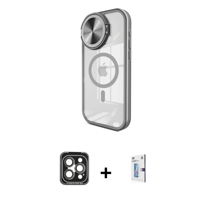 MARSİLYAN™- iPhone 15 Pro Max Kılıf Kıvılcım Modern Koleksiyonu - Siyah Bilvis 0.18mm Plus Cam Ekran Koruyucu + PVD Metal Kamera Lens - GI