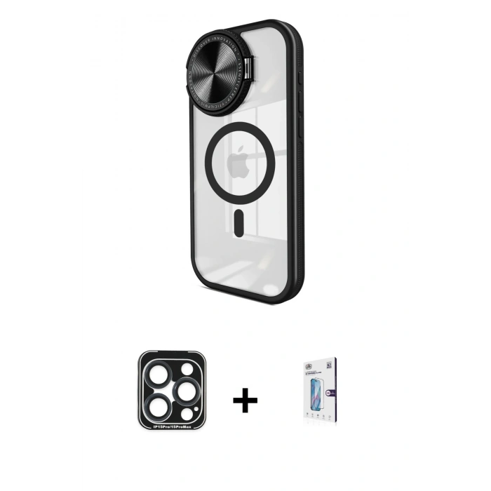 MARSİLYAN™- iPhone 15 Pro Max Kılıf Kıvılcım Modern Koleksiyonu - Siyah Bilvis 0.18mm Plus Cam Ekran Koruyucu + PVD Metal Kamera Lens - LT