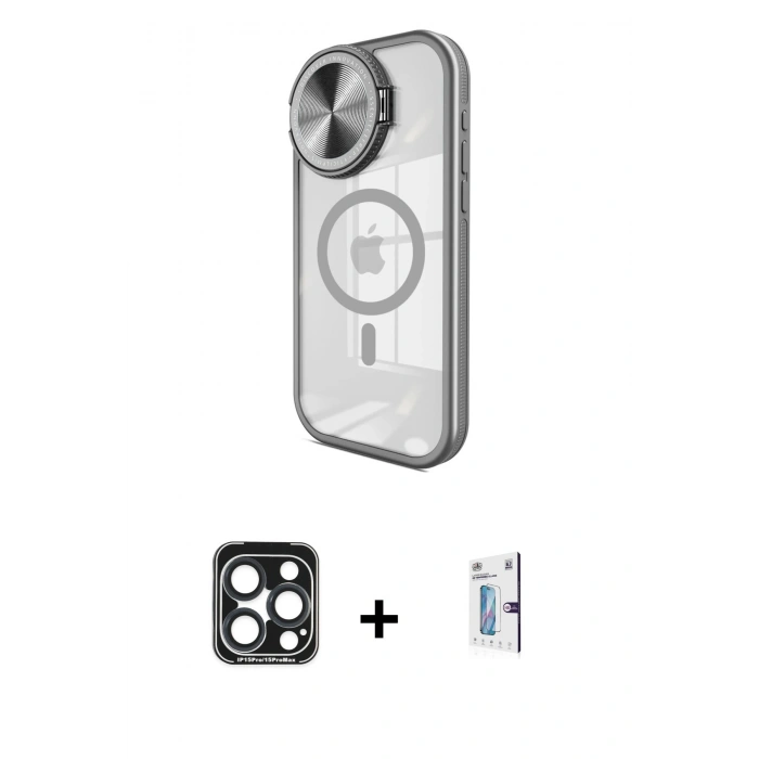 MARSİLYAN™- iPhone 15 Pro Max Kılıf Kıvılcım Modern Koleksiyonu - Siyah Bilvis 0.18mm Plus Cam Ekran Koruyucu + PVD Metal Kamera Lens - LT