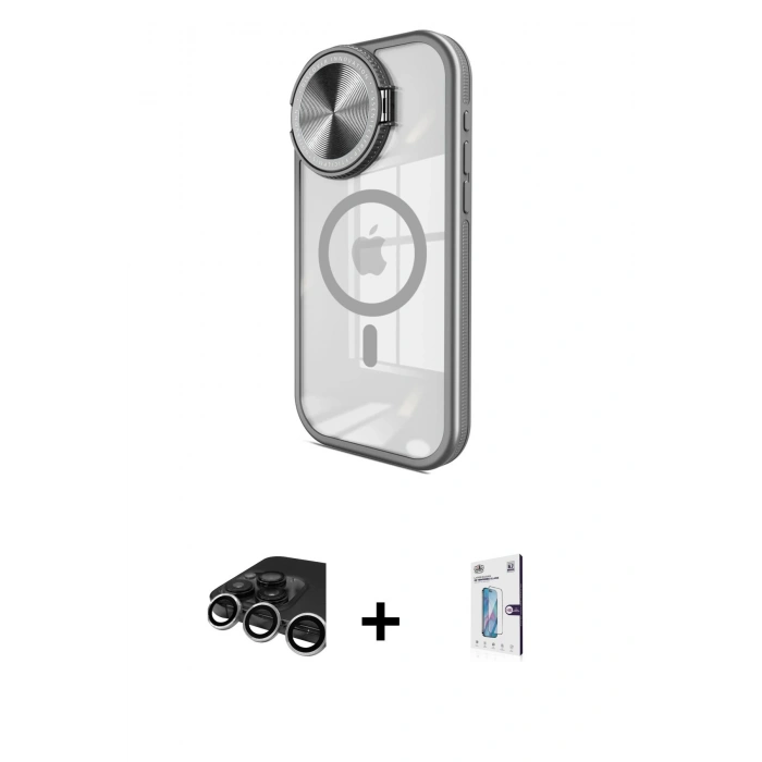 MARSİLYAN™- iPhone 15 Pro Max Kılıf Kıvılcım Modern Koleksiyonu - Siyah Bilvis 0.18mm Plus Cam Ekran Koruyucu + Raze Metal Kamera Lens - GS