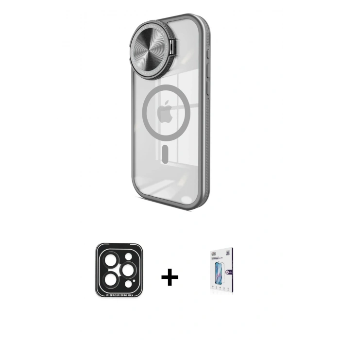 MARSİLYAN™- iPhone 15 Pro Max Kılıf Kıvılcım Modern Koleksiyonu - Siyah Bilvis 0.18mm Plus Cam Ekran Koruyucu + Siyah PVD Metal Kamera Lens