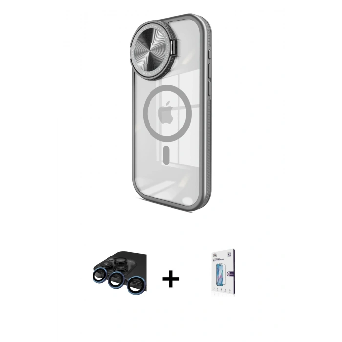 MARSİLYAN™- iPhone 15 Pro Max Kılıf Kıvılcım Modern Koleksiyonu - Siyah Bilvis 0.18mm Plus Cam Ekran Koruyucu + Raze Metal Kamera Lens - LT