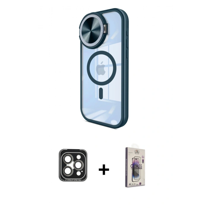 MARSİLYAN™- iPhone 15 Pro Max Kılıf Kıvılcım Modern Koleksiyonu - Siyah Bilvis 3D Cam Ekran Koruyucu + PVD Metal Kamera Lens - GI