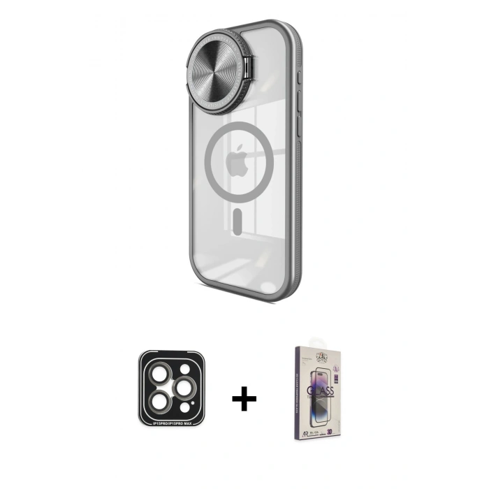 MARSİLYAN™- iPhone 15 Pro Max Kılıf Kıvılcım Modern Koleksiyonu - Siyah Bilvis 3D Cam Ekran Koruyucu + PVD Metal Kamera Lens - GI