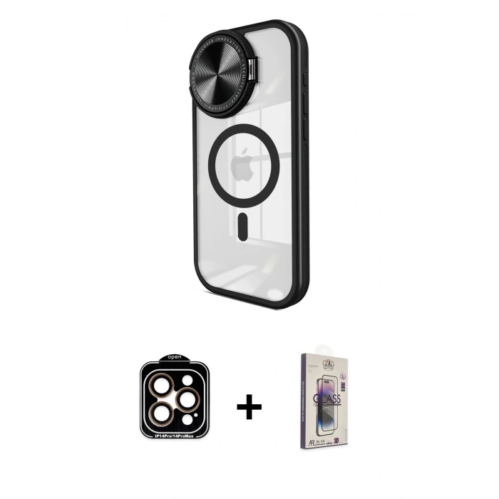 MARSİLYAN™- iPhone 15 Pro Max Kılıf Kıvılcım Modern Koleksiyonu - Siyah Bilvis 3D Cam Ekran Koruyucu + PVD Metal Kamera Lens - TU