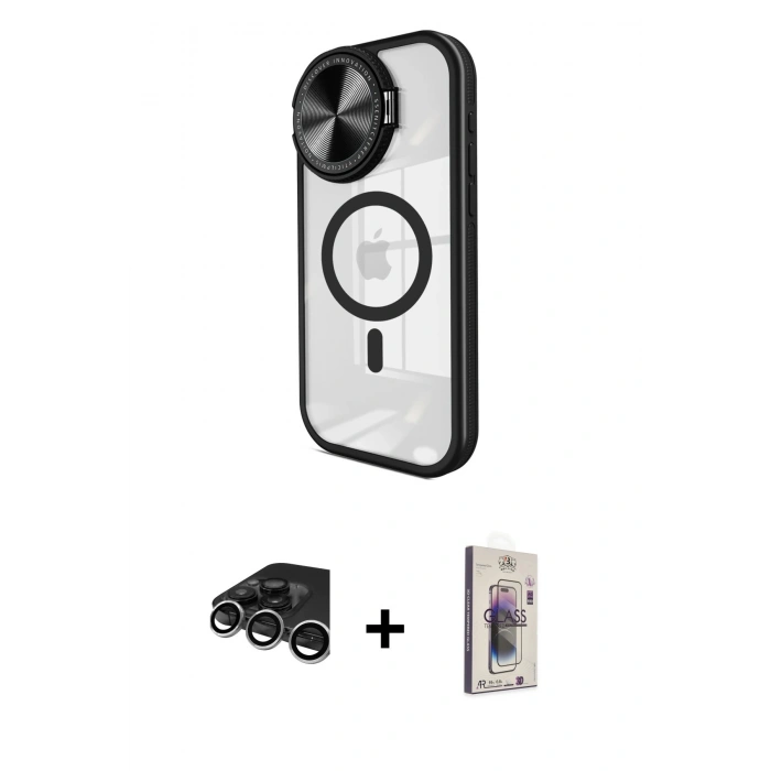 MARSİLYAN™- iPhone 15 Pro Max Kılıf Kıvılcım Modern Koleksiyonu - Siyah Bilvis 3D Cam Ekran Koruyucu + Raze Metal Kamera Lens - GS