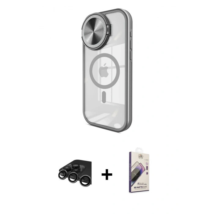 MARSİLYAN™- iPhone 15 Pro Max Kılıf Kıvılcım Modern Koleksiyonu - Siyah Bilvis 3D Mat Cam Ekran Koruyucu + Titanyum Gri Raze Metal Kamera Lens