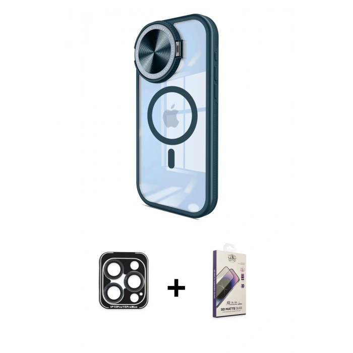 MARSİLYAN™- iPhone 15 Pro Max Kılıf Kıvılcım Modern Koleksiyonu - Siyah Bilvis 3D Mat Cam Ekran Koruyucu + PVD Metal Kamera Lens - LT