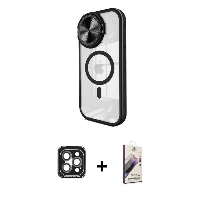MARSİLYAN™- iPhone 15 Pro Max Kılıf Kıvılcım Modern Koleksiyonu - Siyah Bilvis 3D Mat Cam Ekran Koruyucu + PVD Metal Kamera Lens - GI