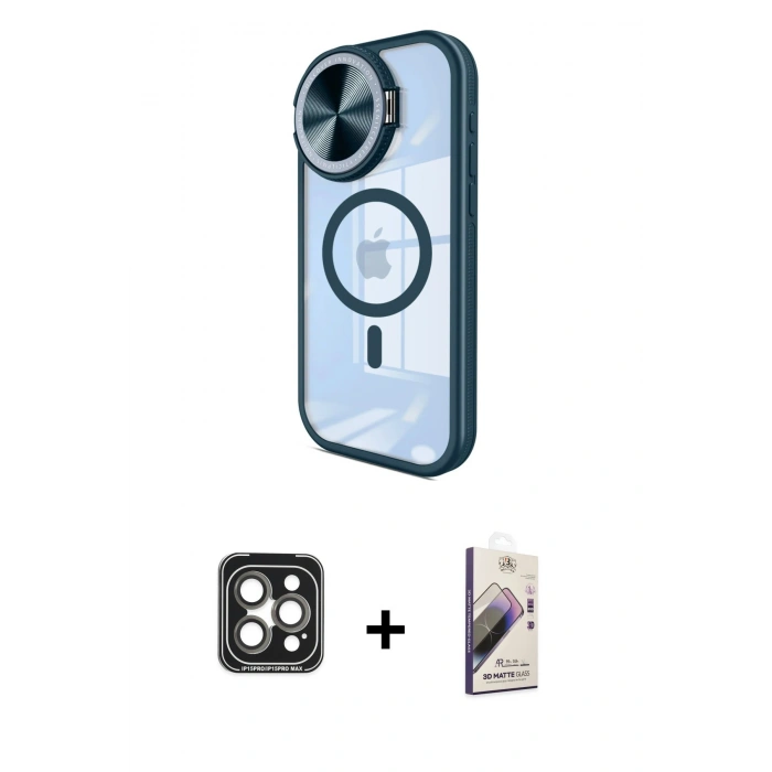 MARSİLYAN™- iPhone 15 Pro Max Kılıf Kıvılcım Modern Koleksiyonu - Siyah Bilvis 3D Mat Cam Ekran Koruyucu + PVD Metal Kamera Lens - GI