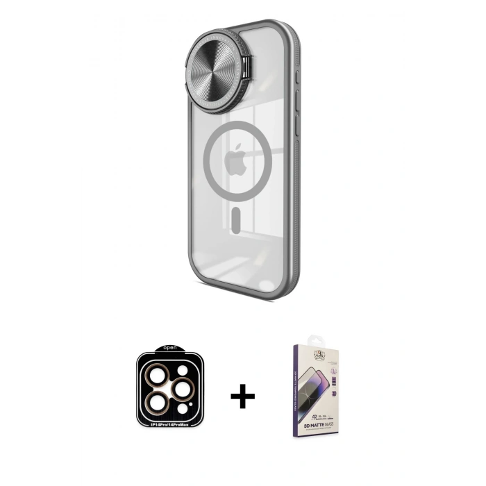 MARSİLYAN™- iPhone 15 Pro Max Kılıf Kıvılcım Modern Koleksiyonu - Siyah Bilvis 3D Mat Cam Ekran Koruyucu + PVD Metal Kamera Lens - TU