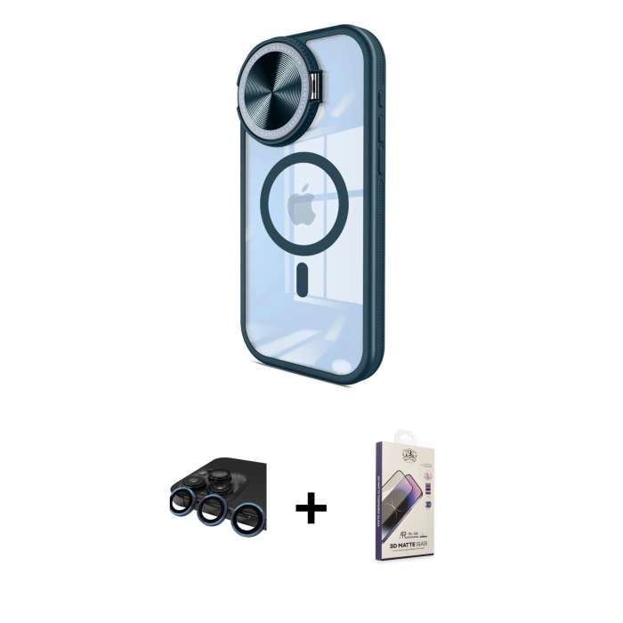 MARSİLYAN™- iPhone 15 Pro Max Kılıf Kıvılcım Modern Koleksiyonu - Siyah Bilvis 3D Mat Cam Ekran Koruyucu + Lacivert Raze Metal Kamera Lens