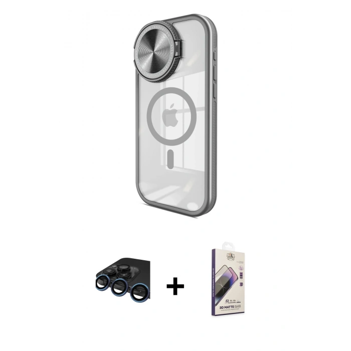 MARSİLYAN™- iPhone 15 Pro Max Kılıf Kıvılcım Modern Koleksiyonu - Siyah Bilvis 3D Mat Cam Ekran Koruyucu + Lacivert Raze Metal Kamera Lens