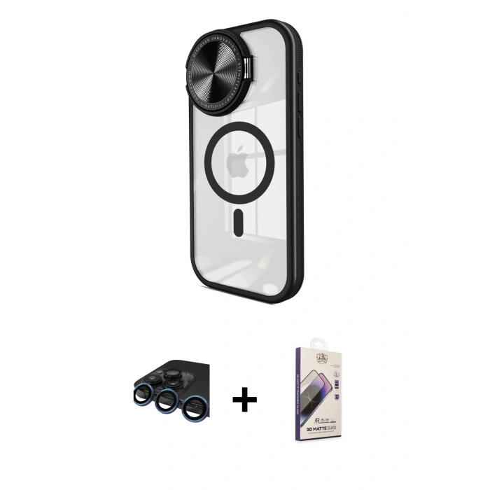 MARSİLYAN™- iPhone 15 Pro Max Kılıf Kıvılcım Modern Koleksiyonu - Siyah Bilvis 3D Mat Cam Ekran Koruyucu + Lacivert Raze Metal Kamera Lens