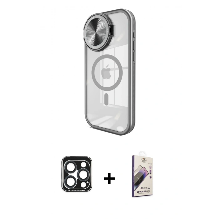MARSİLYAN™- iPhone 15 Pro Max Kılıf Kıvılcım Modern Koleksiyonu - Siyah Bilvis 3D Mat Cam Ekran Koruyucu + PVD Metal Kamera Lens - LT