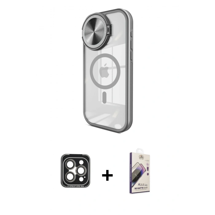 MARSİLYAN™- iPhone 15 Pro Max Kılıf Kıvılcım Modern Koleksiyonu - Siyah Bilvis 3D Mat Cam Ekran Koruyucu + PVD Metal Kamera Lens - GI
