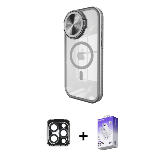 MARSİLYAN™- iPhone 15 Pro Max Kılıf Kıvılcım Modern Koleksiyonu - Siyah Bilvis 5in1 3D Magic Cam Ekran Koruyucu + PVD Metal Kamera Lens - LT