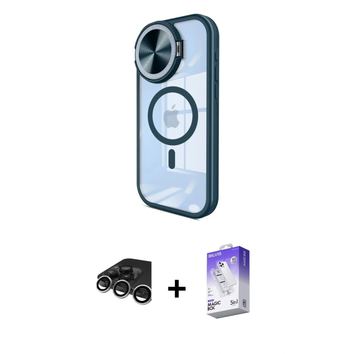 MARSİLYAN™- iPhone 15 Pro Max Kılıf Kıvılcım Modern Koleksiyonu - Siyah Bilvis 5in1 3D Magic Cam Ekran Koruyucu + Gümüş Raze Metal Kamera Lens