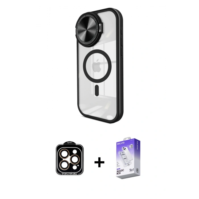 MARSİLYAN™- iPhone 15 Pro Max Kılıf Kıvılcım Modern Koleksiyonu - Siyah Bilvis 5in1 3D Magic Cam Ekran Koruyucu + PVD Metal Kamera Lens - TU