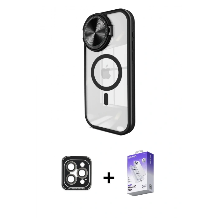 MARSİLYAN™- iPhone 15 Pro Max Kılıf Kıvılcım Modern Koleksiyonu - Siyah Bilvis 5in1 3D Magic Cam Ekran Koruyucu + Gri PVD Metal Kamera Lens