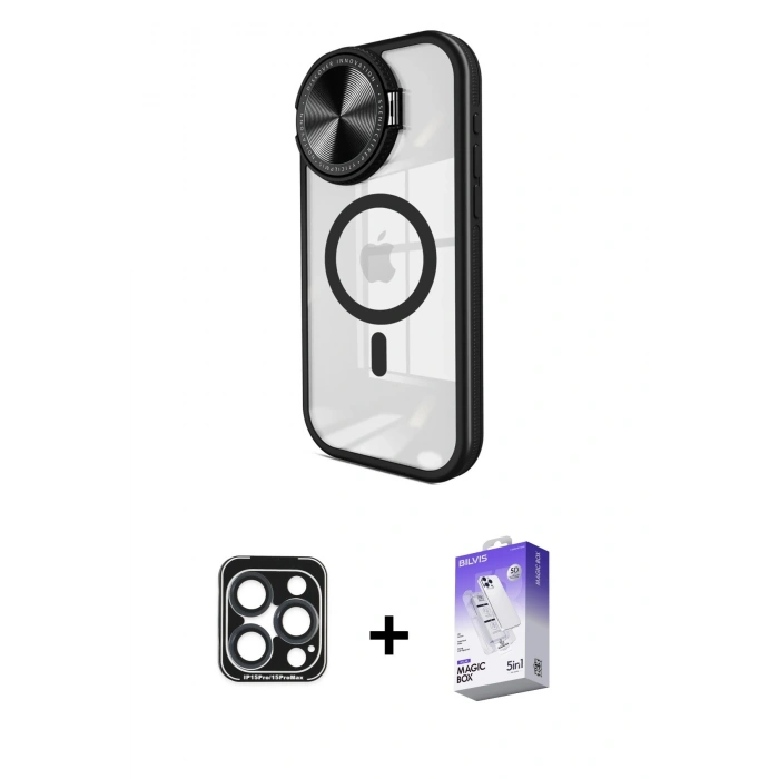 MARSİLYAN™- iPhone 15 Pro Max Kılıf Kıvılcım Modern Koleksiyonu - Siyah Bilvis 5in1 3D Magic Cam Ekran Koruyucu + PVD Metal Kamera Lens - LT