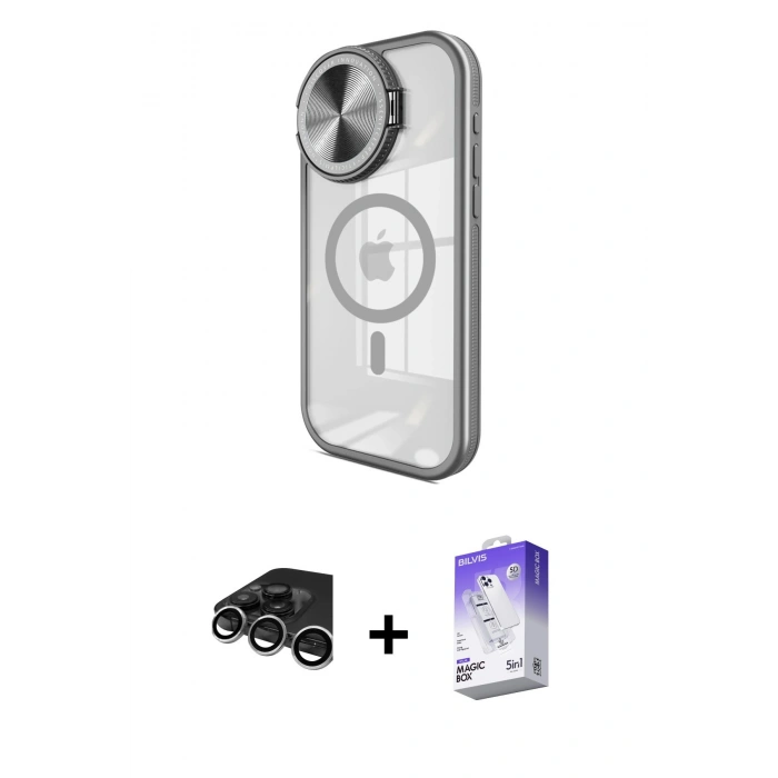 MARSİLYAN™- iPhone 15 Pro Max Kılıf Kıvılcım Modern Koleksiyonu - Siyah Bilvis 5in1 3D Magic Cam Ekran Koruyucu + Gümüş Raze Metal Kamera Lens