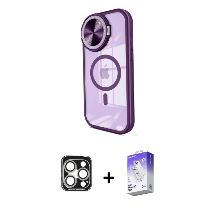 MARSİLYAN™- iPhone 15 Pro Max Kılıf Kıvılcım Modern Koleksiyonu - Siyah Bilvis 5in1 3D Magic Cam Ekran Koruyucu + PVD Metal Kamera Lens - GS